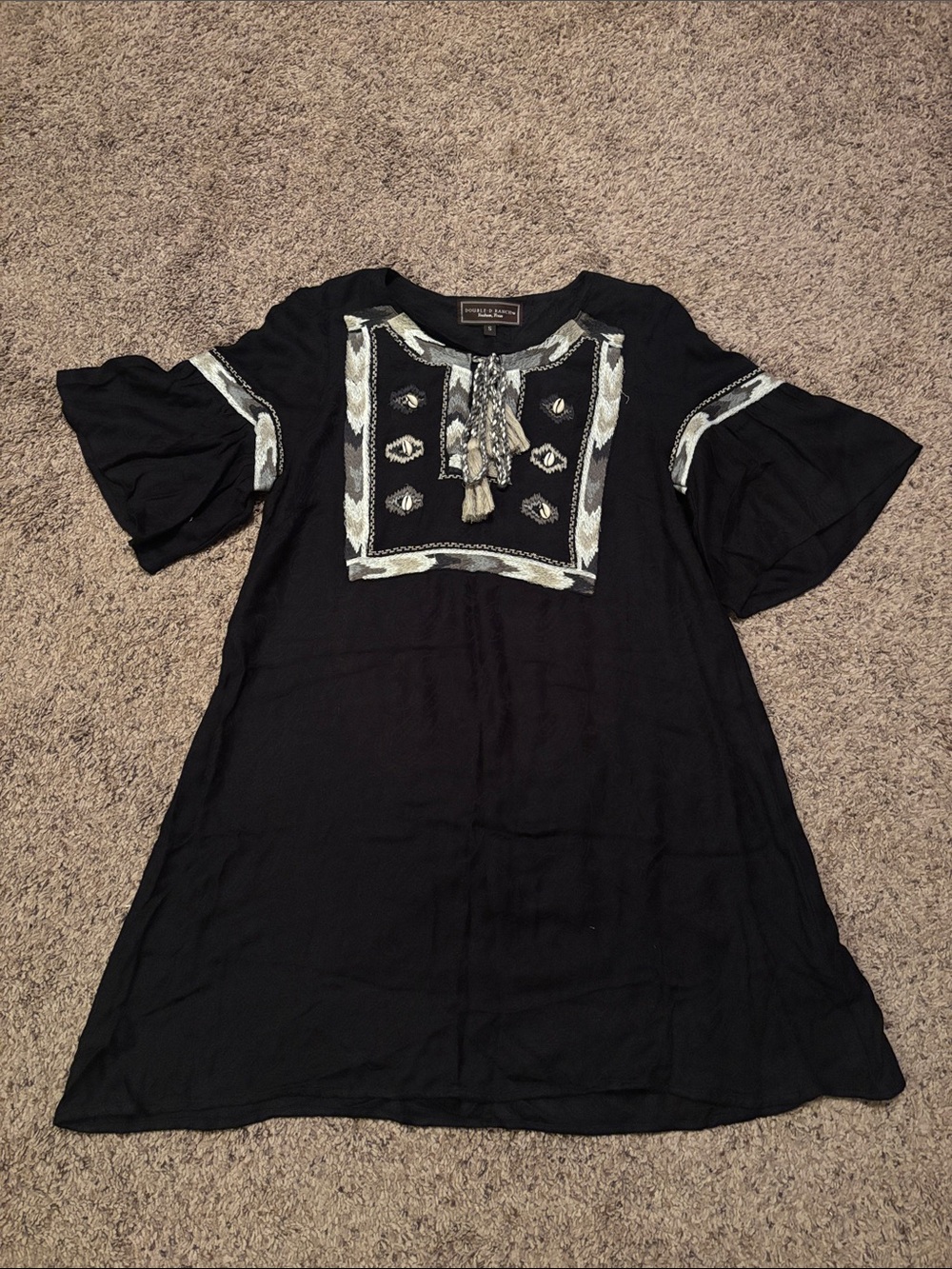 Double D Ranch Black Tunic Embroidered Yoke Paisley Print S M